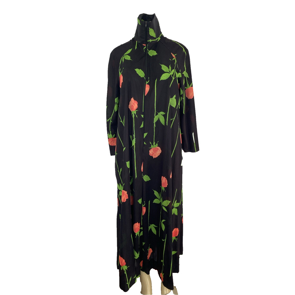 Butterfield 8 Caftan Dress Tunic Mumu Long Sleeve Floral Red Rose Black Maxi L - Picture 2 of 9